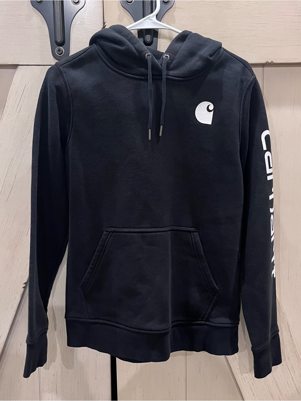 Carhartt Black Pullover Hoodie with White Logo Size Medium Relaxed Fit